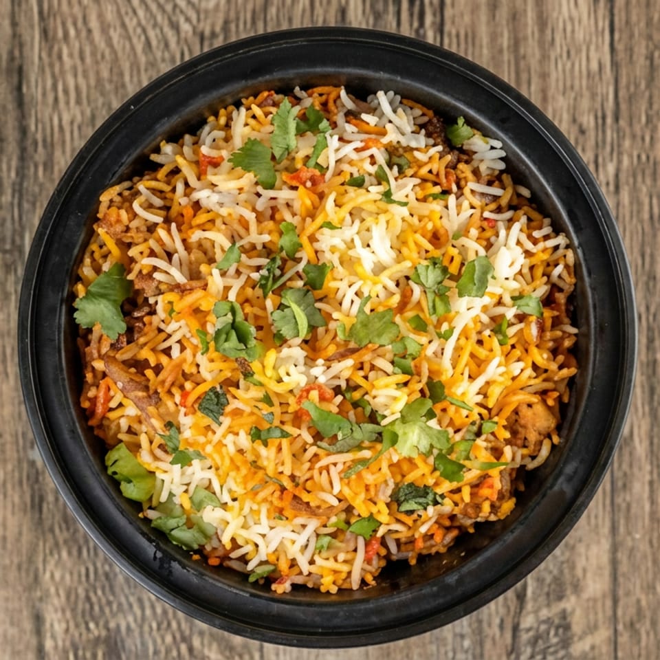 Overhead view of spiced biryani rice garnished with fresh cilantro in a black bowl on a wooden table.