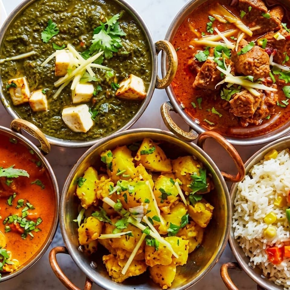 Overhead spread of Indian dishes including naan, spinach paneer, curries, spiced potatoes, vegetable rice, and mango drink.
