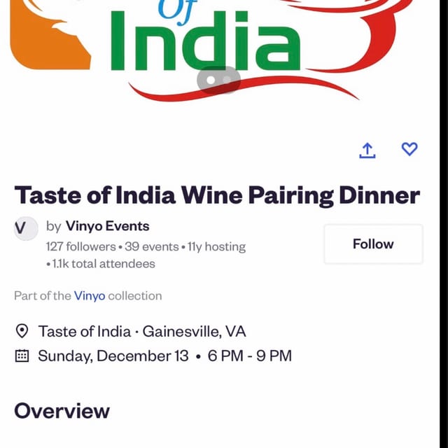 Taste of India Wine pairing Dinner