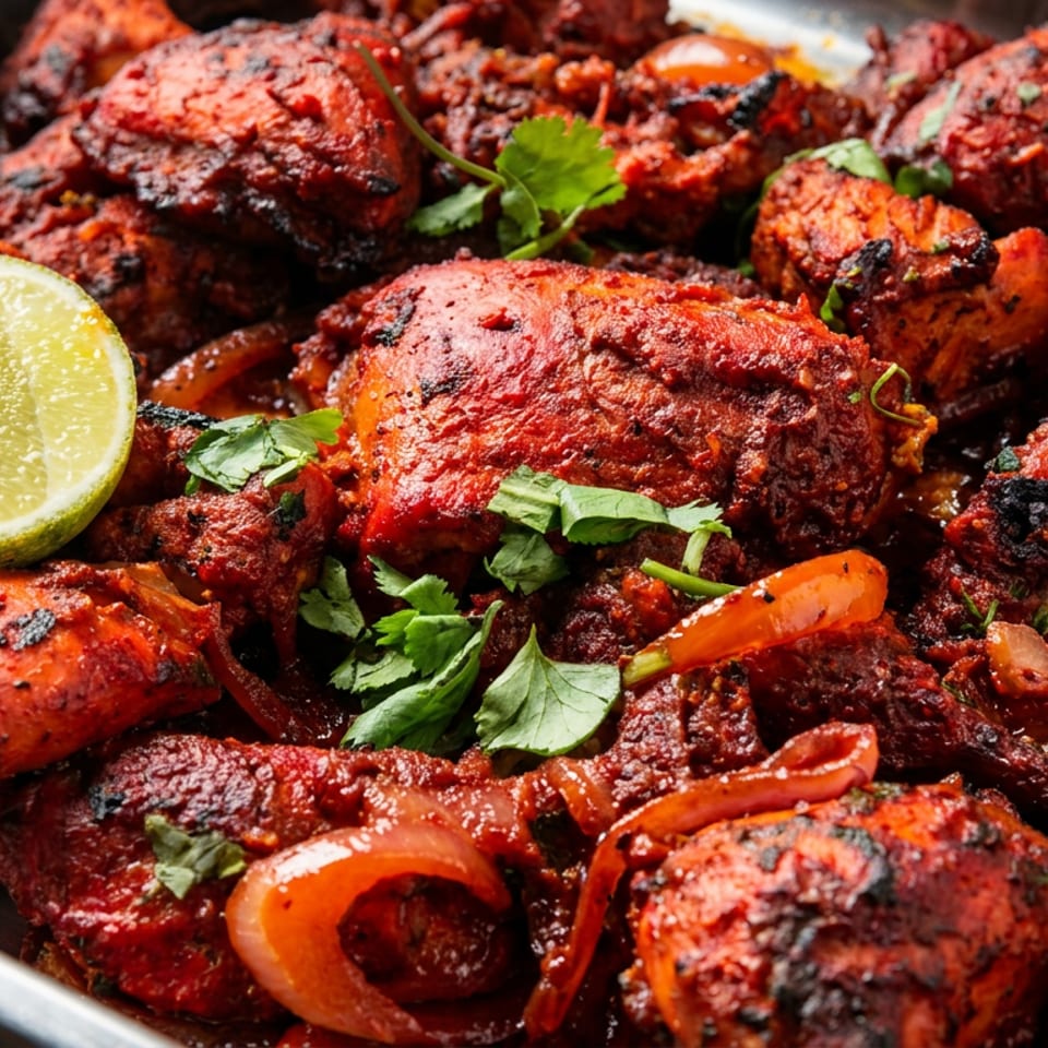 Tray of charred red-spiced grilled chicken garnished with cilantro, lime wedges, and sliced peppers.