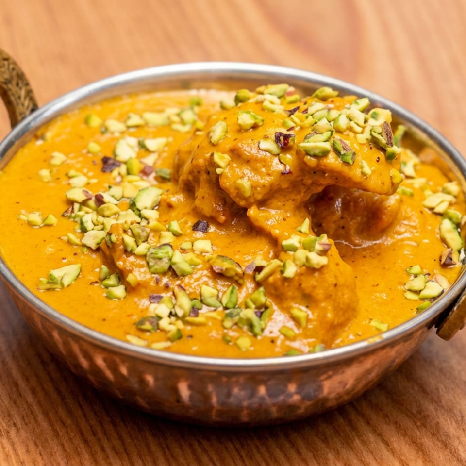 Creamy orange Indian curry topped with chopped pistachios, served in a decorative copper bowl on a wooden table.